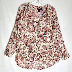 NINE WEST JEANS Shirt Size M Scallop Shell Botanical Georgia Roll Tap Sleeve